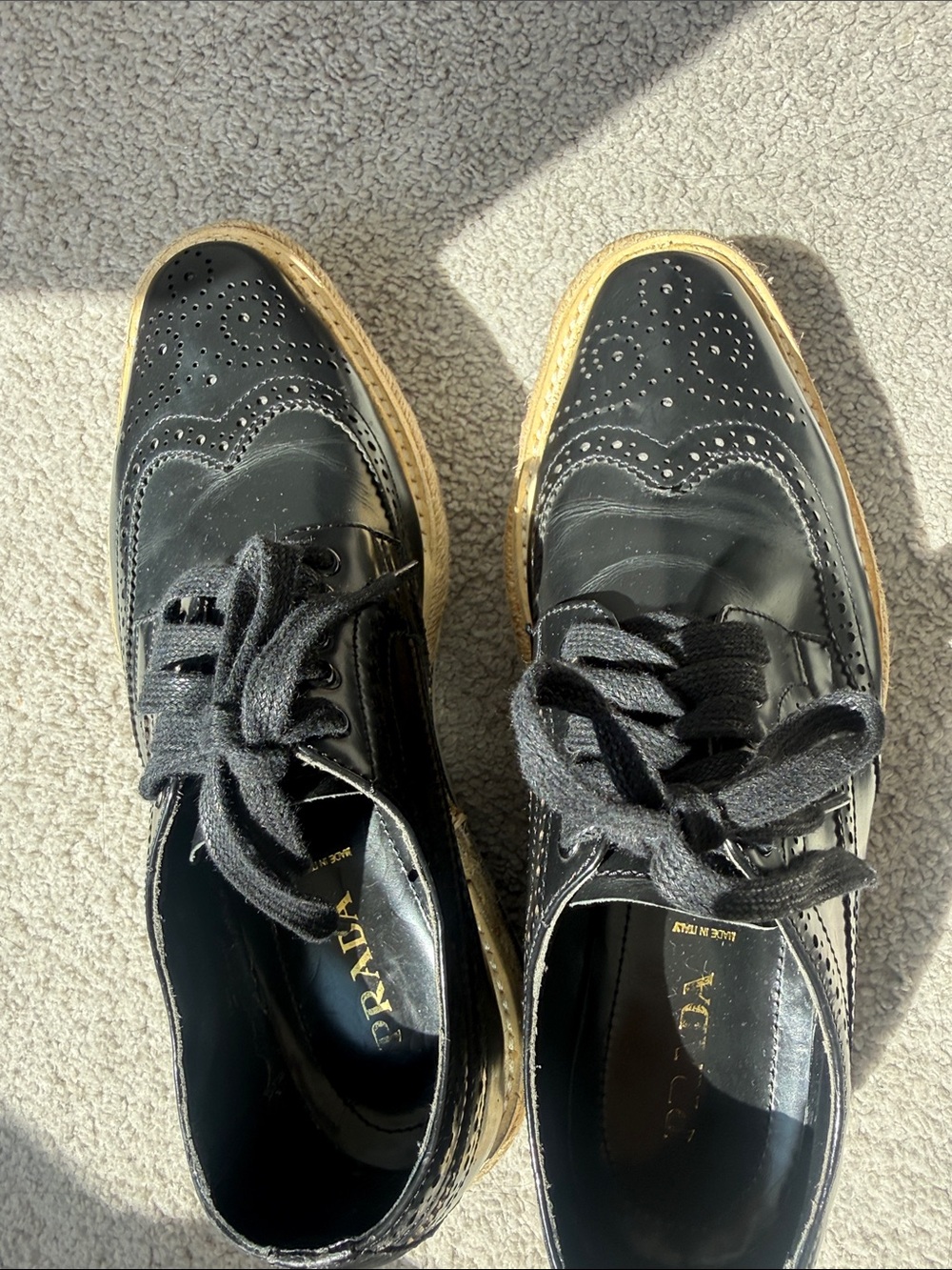 Prada Black Leather Brogues with Natural Tan Platform Sole - Picture 16 of 16